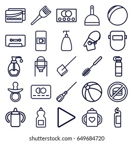 Plastic icons set. set of 25 plastic outline icons such as vending machine, credit card, tank, pacifier, baby bottle, beach ball, soap, coloring brush, dustpan, mop