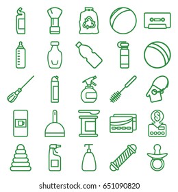 Plastic icons set. set of 25 plastic outline icons such as vending machine, pacifier, baby bottle, pyramid, ball, shaving brush, spray bottle, hair curler, soap, dustpan, mop