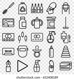 Plastic icons set. set of 25 plastic outline icons such as credit card, tank, bottle, pacifier, baby bottle, pyramid, mop, toilet brush, trash bag, welder mask, drop counter