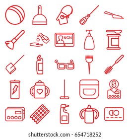 Plastic icons set. set of 25 plastic outline icons such as baby bottle, ball, barber brush, shaving brush, hair curler, soap, cream, credit card, mop, dustpan, toilet brush