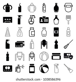 Plastic icons. set of 36 editable filled and outline plastic icons such as tank, vending machine, baby bottle, beach ball, spray bottle, cleanser, credit card, mop