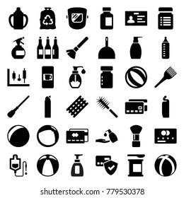 Plastic icons. set of 36 editable filled plastic icons such as vending machine, baby bottle, credit card, shaving brush, spray bottle, hair curler, coloring brush, dustpan