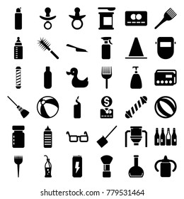 Plastic icons. set of 36 editable filled plastic icons such as bottle, pacifier, baby bottle, beach ball, barber brush, shaving brush, hair curler, soap, dustpan, welder mask