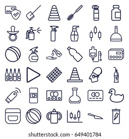 Plastic icons set. set of 36 plastic outline icons such as vending machine, credit card, bottle, pacifier, baby bottle, pyramid, duck, ball, hair curler, cream, dustpan