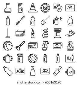 Plastic icons set. set of 36 plastic outline icons such as baby bottle, beach ball, bottle, credit card, shaving brush, soap, mop, dustpan, toilet brush, cleanser, liquid soap