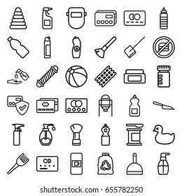 Plastic icons set. set of 36 plastic outline icons such as vending machine, credit card, tank, pyramid, duck, beach ball, cream box, shaving brush, spray bottle, hair curler