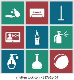 Plastic icons set. set of 9 plastic filled icons such as mop, liquid soap, spray bottle, soap, bottle, cassette, soda bottle, badge