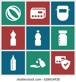 Plastic icons set. set of 9 plastic filled icons such as baby bottle, liquid soap, welder mask, bottle, beach ball, credit card