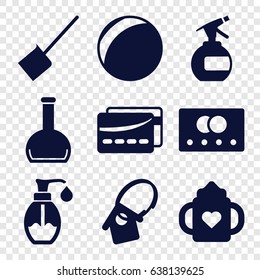 Plastic icons set. set of 9 plastic filled icons such as credit card, baby bottle, spray bottle, dustpan, soap, bottle, home key tag, card