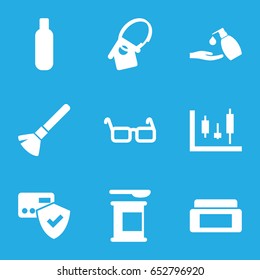 Plastic icons set. set of 9 plastic filled icons such as bottle, cream box, shaving brush, liquid soap, glasses, home key tag, card protection, panel control