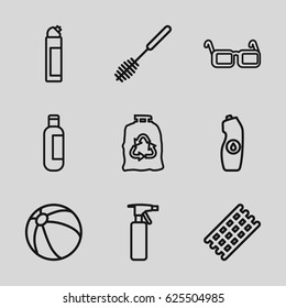 Plastic icons set. set of 9 plastic outline icons such as beach ball, bottle, spray bottle, hair curler, toilet brush, cleanser, trash bag, water bottle