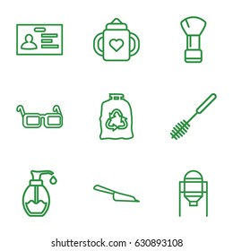 Plastic icons set. set of 9 plastic outline icons such as tank, baby bottle, shaving brush, dustpan, toilet brush, trash bag, badge, soap
