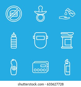 Plastic icons set. set of 9 plastic outline icons such as pacifier, cleanser, liquid soap, welder mask, water bottle, credit card, protein powder, fitness bottle