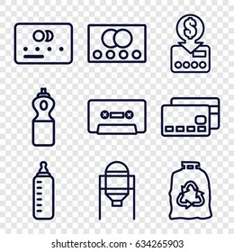 Plastic icons set. set of 9 plastic outline icons such as credit card, tank, baby bottle, trash bag, cassette, put money on card