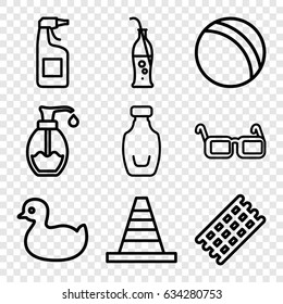 Plastic icons set. set of 9 plastic outline icons such as duck, ball, hair curler, cleanser, cone, soap, bottle, glasses