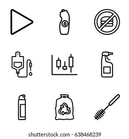 Plastic icons set. set of 9 plastic outline icons such as toilet brush, cleanser, trash bag, water bottle, drop counter, play, panel control