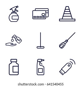 Plastic icons set. set of 9 plastic outline icons such as spray bottle, mop, cleanser, liquid soap, cone, medical bottle, usb signal