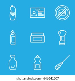 Plastic icons set. set of 9 plastic outline icons such as cream box, shaving brush, mop, cleanser, badge, water bottle, bottle