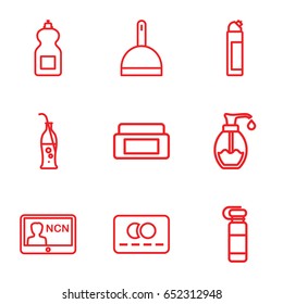 Plastic icons set. set of 9 plastic outline icons such as cream box, credit card, dustpan, cleanser, soap, soda bottle, badge