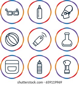 Plastic icons set. set of 9 plastic outline icons such as baby bottle, shaving brush, cream, bottle, glasses, home key tag, usb signal, fitness bottle