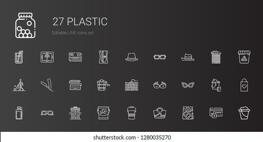plastic icons set. Collection of plastic with bag, bucket, recycle bin, sunglasses, bottle, glasses, eyeglasses, keyboard, razor, watering. Editable and scalable plastic icons.