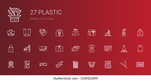 plastic icons set. Collection of plastic with bag, flippers, recycle bin, bottle, sunglasses, sharpener, badge, credit card, lunchbox, water. Editable and scalable plastic icons.