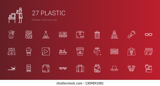 plastic icons set. Collection of plastic with hat, cones, luggage, glasses, shopping bag, water dispenser, tooth brush, vhs, razor, waste. Editable and scalable plastic icons.