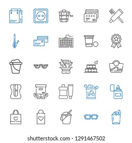 plastic icons set. Collection of plastic with paper bag, eyeglasses, bucket, shopping bag, lighter, toothpaste, package, sharpener, bag, bottles. Editable and scalable plastic icons.