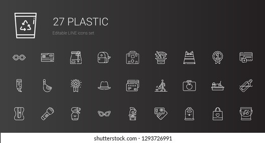 plastic icons set. Collection of plastic with paper bin, debit card, helmet, glasses, spray bottle, flashlight, sharpener, lunchbox, watering. Editable and scalable plastic icons.