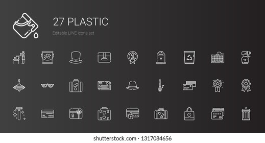plastic icons set. Collection of plastic with shopping bag, luggage, credit card, gift card, razor, toilet brush, hat, glasses, whirligig. Editable and scalable plastic icons.