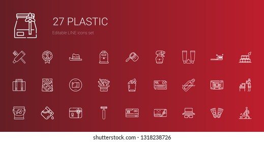 plastic icons set. Collection of plastic with sunglasses, credit card, razor, gift card, bucket, bottle, paper bag, hat, package, bag, luggage. Editable and scalable plastic icons.