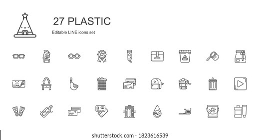 Plastiksymbole gesetzt. Sammlung von Kunststoff mit Zahnbürste, Wasser, Papierkorb, Debitkarte, Kreditkarte, Flasche, Flossen, Eimer, Schärfer. Bearbeitbare und skalierbare Plastiksymbole.