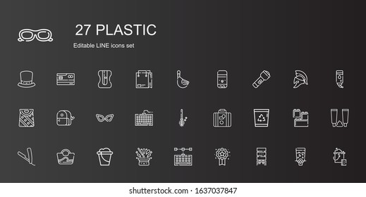plastic icons set. Collection of plastic with water dispenser, badge, keyboard, hat, bucket, bag, razor, recycle bin, luggage, toilet brush. Editable and scalable plastic icons.