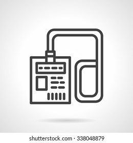Plastic id card with clasp and lanyard. Pass badge for personnel, guest, press. Black simple line style vector icon. Buttons and design elements for website, mobile app, business. 