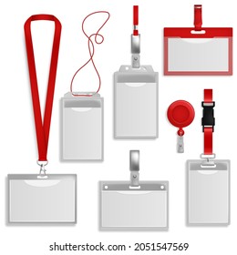 Plastic Id cards. Identification badge blank, authentication security card tags with holder and neck lanyard. Visitors accreditation, pass mockup for security. Vector realistic set