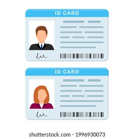 Plastic Id cards. Personal identity card for male and female. Identification verification. Driver license. Person data with photo and signature. Vector illustration in flat style.