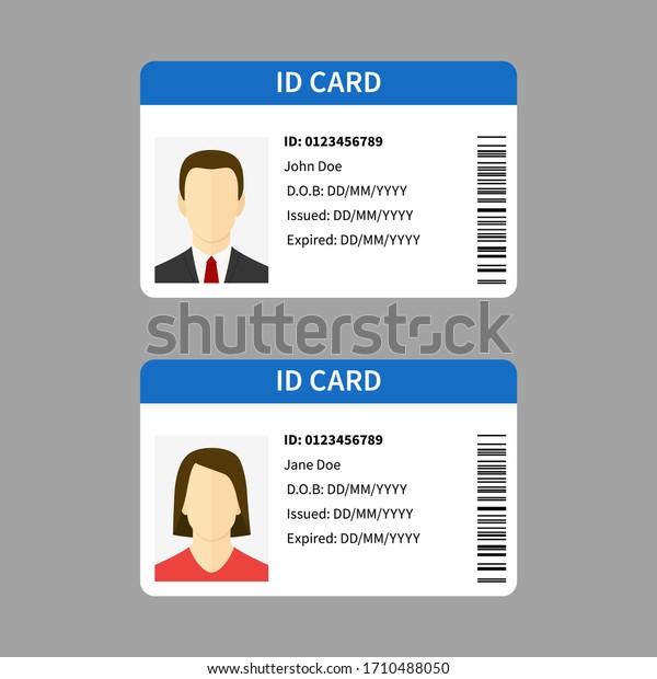 Plastic id cards. Personal registration form card,\
car driver license with male and female photo, identity document\
template isolated vector\
set