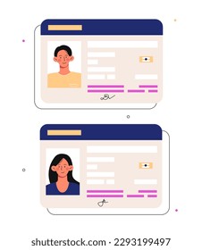 Tarjeta de identificación de plástico. Identificación y confirmación de identidad. Recopilación de documentos de hombres y niñas, pasaporte y licencia de conducir. Ilustraciones de caricaturas de vectores planos aisladas en fondo blanco