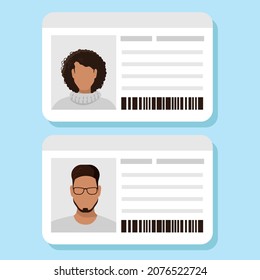 Plastic ID cards of a woman and a man with dark skin. Identity card, driver's license, identity verification, personal data. Vector illustration.