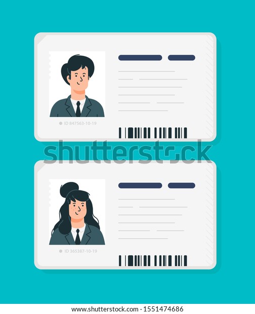 Plastic identification cards of a woman\
and a man. Vector. Car driver license isolated on a blue\
background. Flat cartoon style. Student, corporate\
pass.