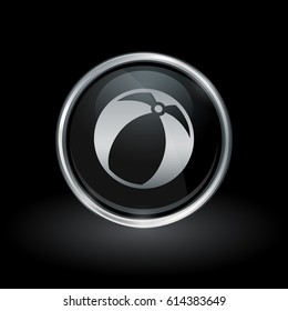Plastic inflatable symbol with beach ball icon inside round chrome silver and black button emblem on black background. Vector illustration.