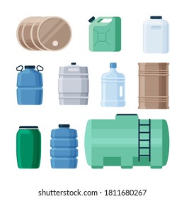 Plastic And Iron Containers Liquid Set. Production Barrels For Storing Gasoline Oil Green Canister With Chemicals Transparent Blue Dense Bottles Large Volumes Of Drinking Water. Vector Flat Style.