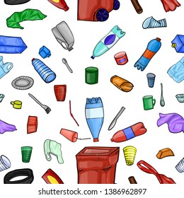 Plastic items and garbage container seamless pattern. The concept of cleaning nature from pollution. Cleaning of garbage from plastic.