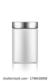 Frasco de plástico con tapón de plata aislado sobre fondo blanco. Diseño de empaque. Deporte en blanco o nutrición dietética, plantilla sanitaria. 3.ª ilustración vectorial realista