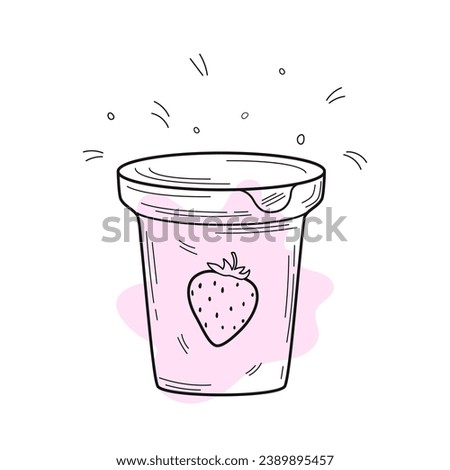 Plastic jar with fruit yogurt. Dairy products. Dessert. Organic homemade food. Vector illustration in hand drawn doodle style. Nutrition concept. Kitchen image. Illustration for a cookbook.