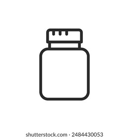 Plastic jar with lid, linear style icon. For medicine and supplements. Editable stroke width