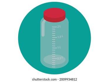 
Plastic jar with measures and a red cap. 2-liter 24-hour urinalysis bottle over green circle