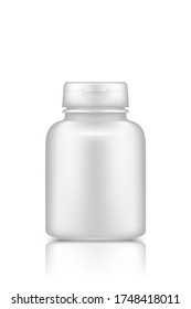 La parodia de un frasco de plástico aislado en un fondo blanco. Diseño de empaque. Maqueta de botella de deporte en blanco o nutrición, asistencia sanitaria, medicamentos o productos secos. 3.ª ilustración vectorial realista