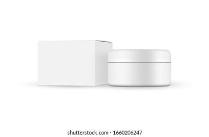 Plastic jar with paper box mockup isolated on white background. Vector illustration