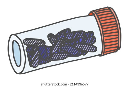 Plastikglas mit Pillen. Doodle-Skizze, Vektorstock neu